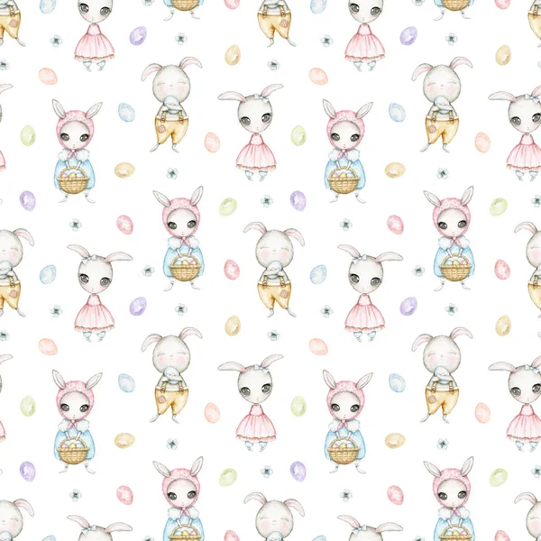 Seamless pattern with bunnies and Easter eggs isolated on white background. Watercolor hand drawn illustration