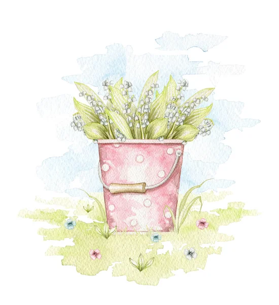 Vintage pink bucket with polka dot pattern and with bouquet with lilies of the valley isolated on white background. Watercolor hand drawn illustration