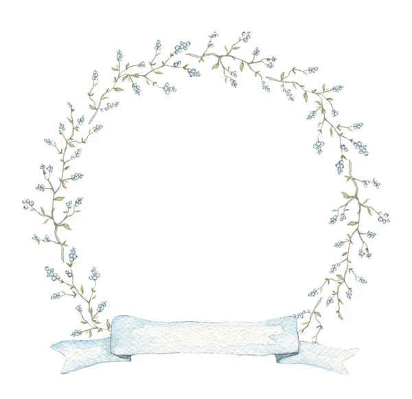 Round frame with vintage graceful branches with berries, small leaves and blue banner ribbon isolated on white background. Watercolor hand drawn illustration