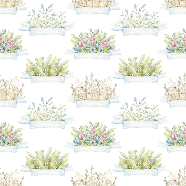 Seamless pattern with compositions with vintage spring flowers and blue banner isolated isolated on white background . Watercolor hand drawn illustration