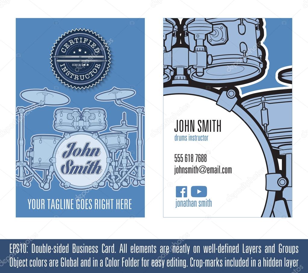 Print ready Business Card Concept for Drums Instructors. All elements neatly on well-defined layers and groups. Colors are Global, on sets and named after their respective object. Fonts not included