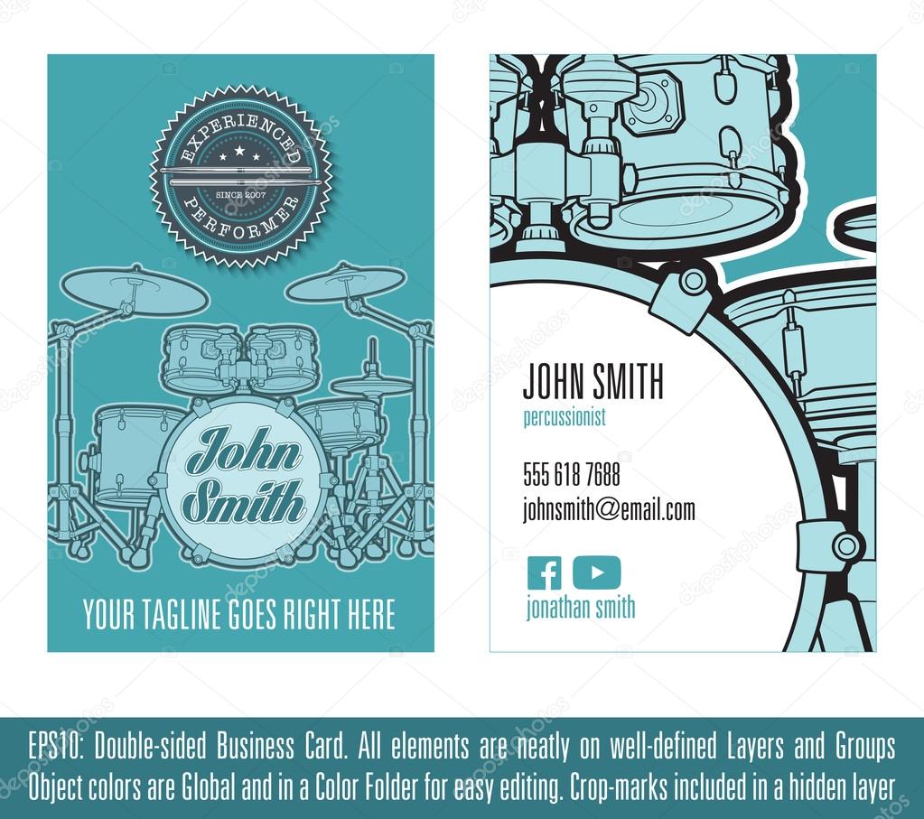 Print ready Business Card Concept for Percussionists. All elements neatly on well-defined layers and groups. Colors are Global, on sets  and named after their respective object. Fonts not included