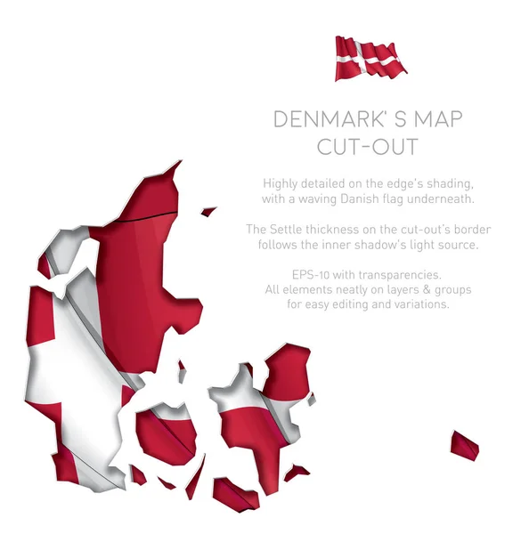 Danmark karta utstansade med viftande flagga — Stock vektor