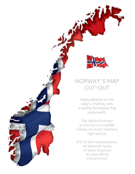 Norge karta utstansade med viftande flagga — Stock vektor