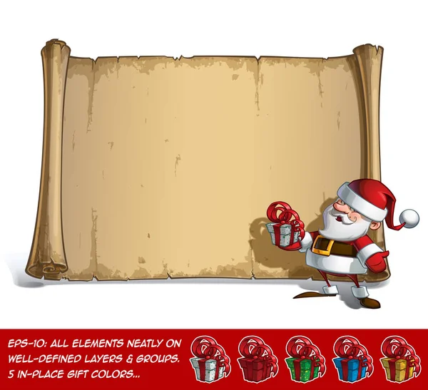 Happy Santa Scroll - Segurando um pequeno presente — Vetor de Stock