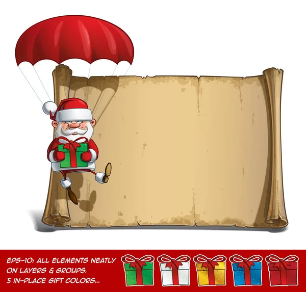 Happy Santa Scroll - Parachute Holding a Gifts — Stock Vector