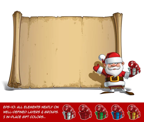 Happy Santa Scroll - Salut avec un cadeau — Image vectorielle