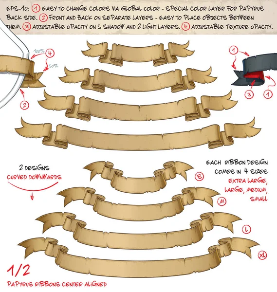 Papirüs şeritler aşağı doğru - 4 farklı boyutta 2 tasarımlar kavisli — Stok Vektör