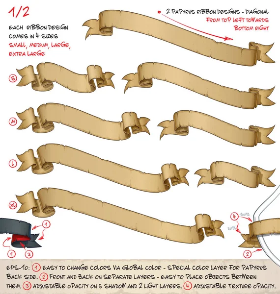 Papyrus linten diagonale linksboven naar beneden rechts - 2 ontwerpen in 4 maten — Stockvector