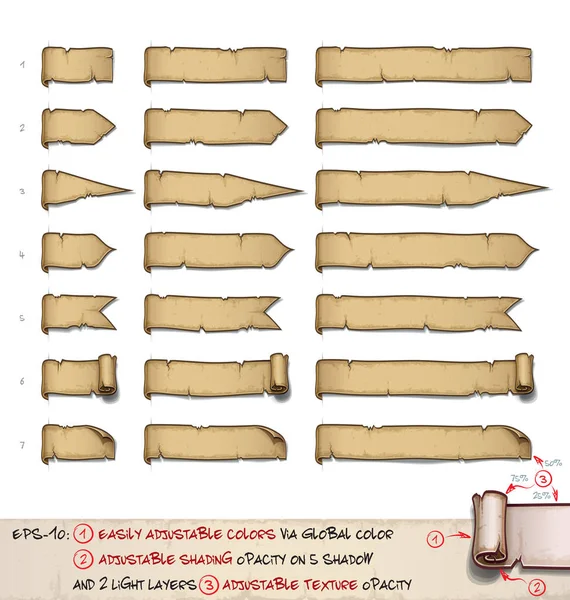 Etiquetas de papiro Horizontal - Siete diseños por tres tamaños — Vector de stock