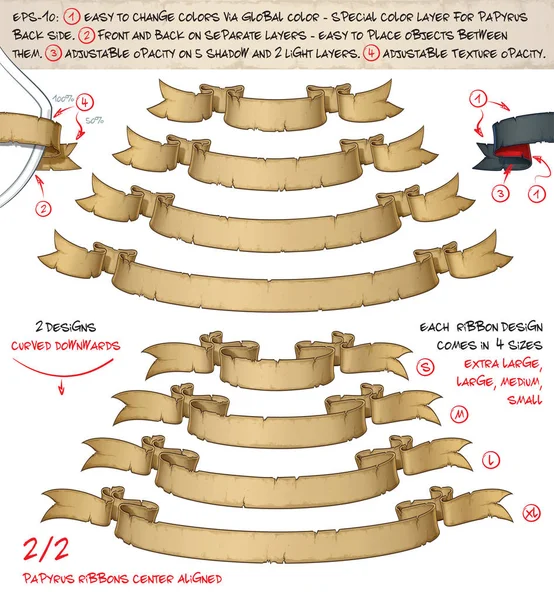 Papirüs şeritler aşağı doğru dört ayrı Designs 2-iki kavisli — Stok Vektör