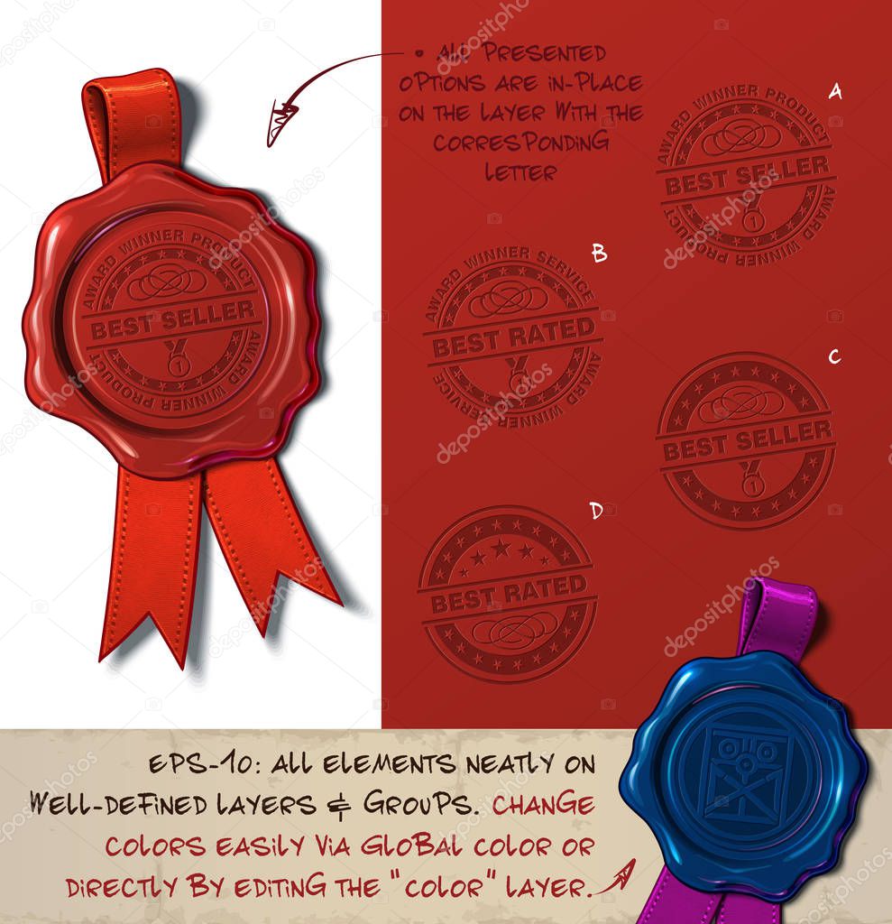 Vector Illustration of a wax seal with a set of stamps regarding Best Seller Rated subjects. All design elements neatly on well-defined layers and groups