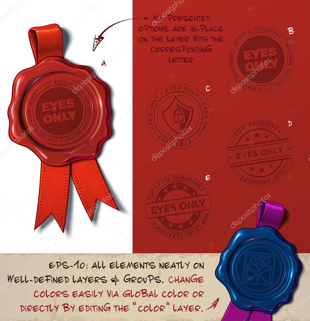 Vector Illustration of a wax seal with a set of stamps regarding Eyes Only subjects. All design elements neatly on well-defined layers and groups