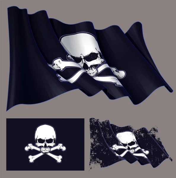 Ondeando bandera pirata sin mandíbula cráneo y hueso — Archivo Imágenes Vectoriales