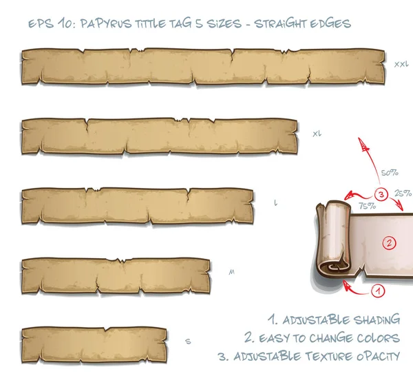 Papirüs Tittle etiketi beş boyutları - düz kenarlar — Stok Vektör