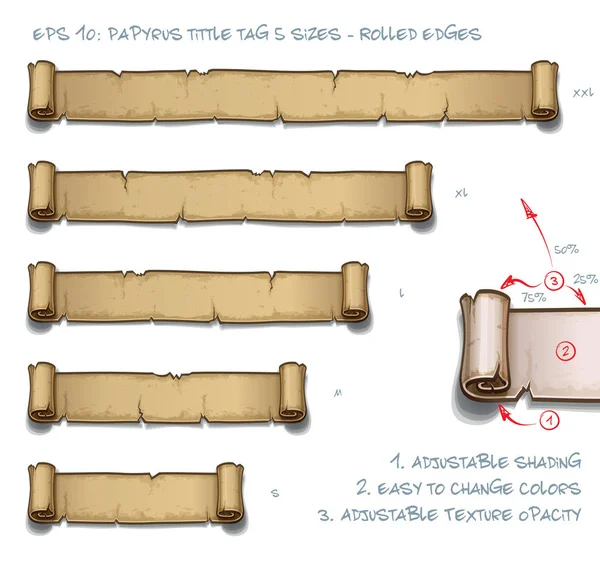 Etiqueta de título de papiro Cinco tamaños - bordes laminados — Archivo Imágenes Vectoriales