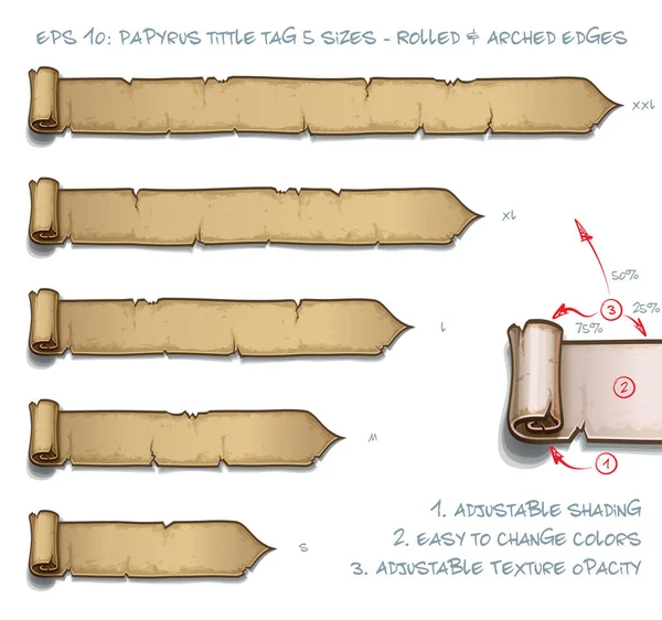 Papirüs Tittle etiketi beş boyut - haddelenmiş ve kenarları kemerli — Stok Vektör