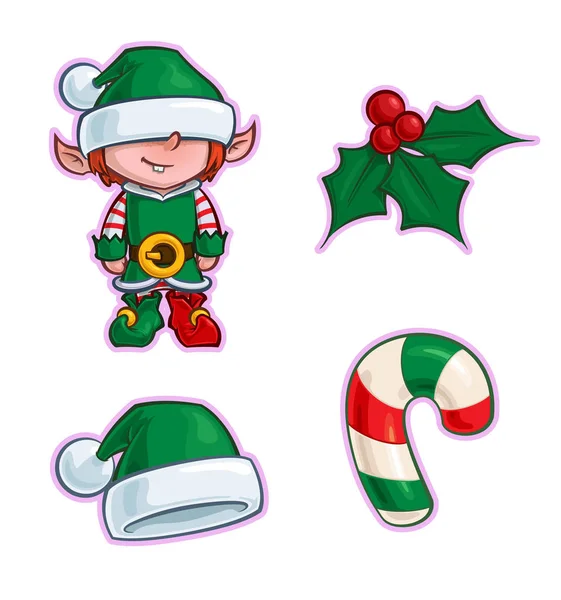Vánoční kreslený ikona sada - elf Holly Santa Klobouk Candy Cane — Stockový vektor