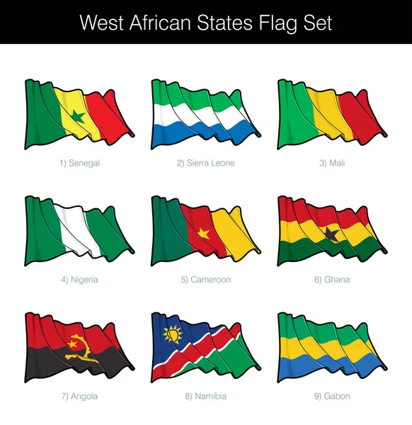 Batı Afrika Devleti Dalgalanan Bayrak Seti — Stok Vektör