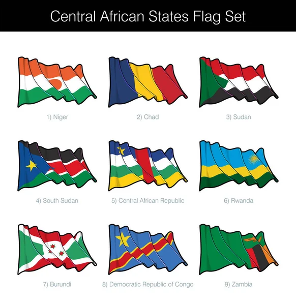 中部非洲国家摇旗呐喊 其中包括尼日尔 南苏丹 中非共和国 卢旺达 布隆迪 刚果民主共和国和赞比亚的国旗 N层群的向量Icons所有元素的整齐排列 — 图库矢量图片