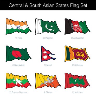 Central and South Asian States Waving Flag Set. The set includes the flags of India, Pakistan, Afghanistan, Bangladesh, Nepal, Sri Lanka, Burma, Bhutan and Maldives. Vector Icons neatly on Layers clipart