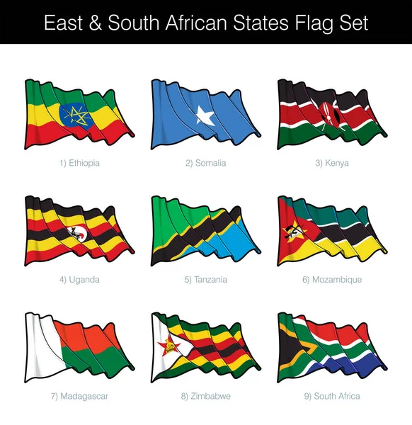 东非国家摇旗呐喊 其中包括埃塞俄比亚 索马里 肯尼亚 乌干达 坦桑尼亚 莫桑比克 马达加斯加 津巴布韦和南非的国旗 图层上的矢量图标排列整齐 — 图库矢量图片