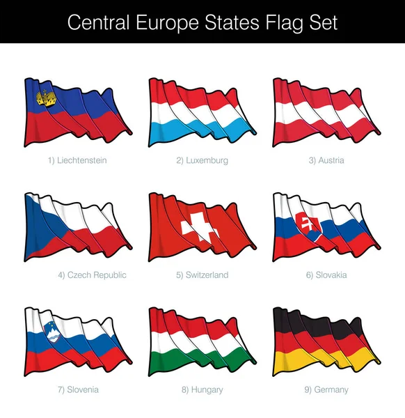 Europa Centrale Stati Sventolando Bandiera Impostata Set Comprende Bandiere Liechtenstein — Vettoriale Stock