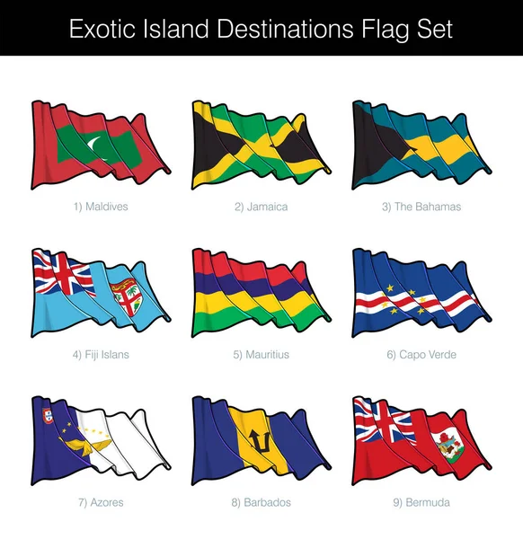 Exotic Island Travel Destinos Acenando Bandeira Set Conjunto Inclui Bandeiras —  Vetores de Stock