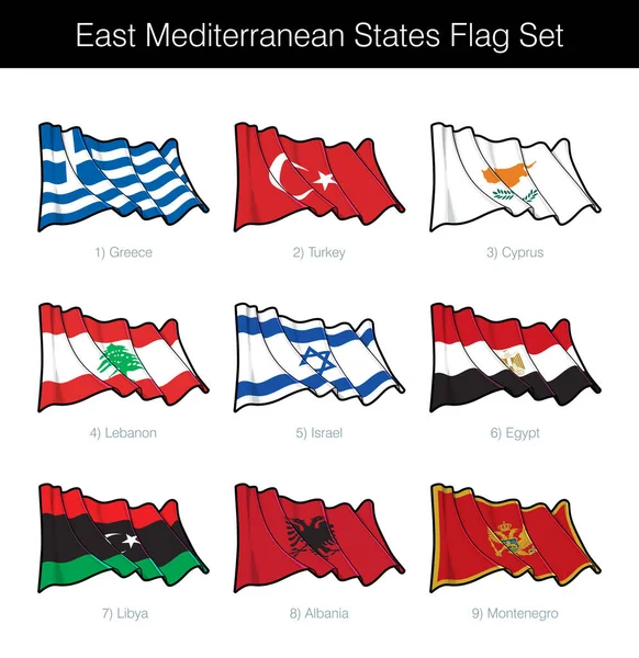 Estados Mediterrâneo Oriental Acenando Bandeira Set Conjunto Inclui Bandeiras Grécia —  Vetores de Stock
