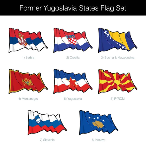 前南斯拉夫国家摇旗呐喊 其中包括克罗地亚 塞尔维亚 斯洛文尼亚 前南斯拉夫的马其顿共和国 波斯尼亚和黑塞哥维那和科索沃的国旗 N层群的向量Icons所有元素的整齐排列 — 图库矢量图片