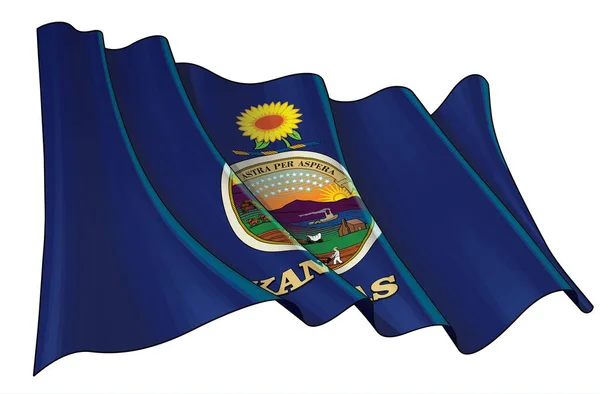 Ilustração Vetorial Uma Bandeira Ondulante Estado Kansas Todos Elementos Ordenadamente —  Vetores de Stock
