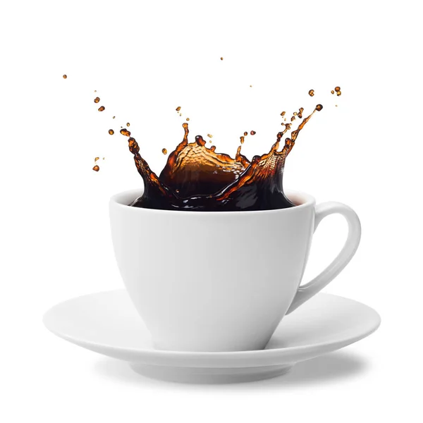 Cup Splashing Coffee Isolated White — Stock Photo, Image