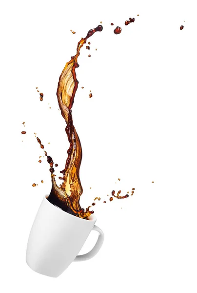 一杯洒了水的咖啡 上面的水花是用白色隔开的 — 图库照片