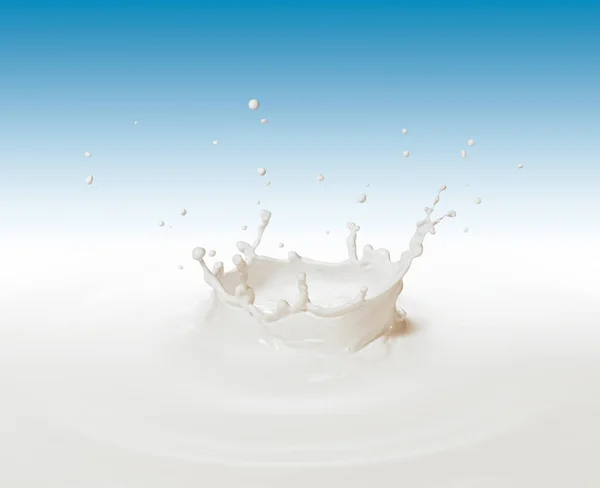 Mjölk Eller Vit Vätska Stänk Mot Blå Bakgrund — Stockfoto