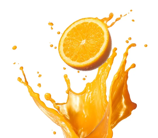 Zumo Naranja Salpicando Con Fruta Aislada Blanco —  Fotos de Stock