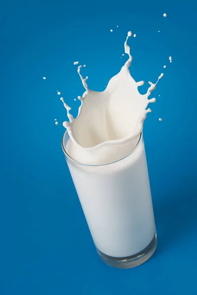 Sklo Stříkající Mléko Izolované Modrém Pozadí — Stock fotografie
