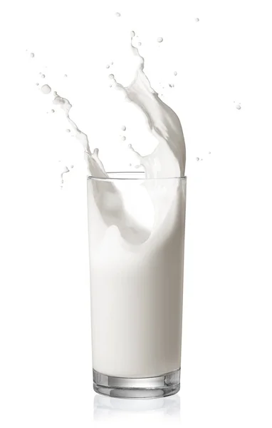 Glas Spetterende Melk Geïsoleerd Wit — Stockfoto