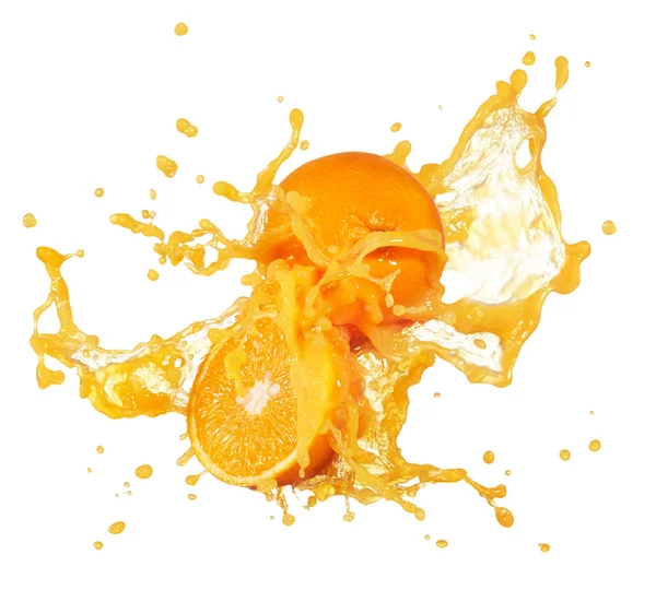 Χυμός Πορτοκαλιού Πιτσιλίζεται Φρούτα Του Απομονωμένα Λευκό — Φωτογραφία Αρχείου