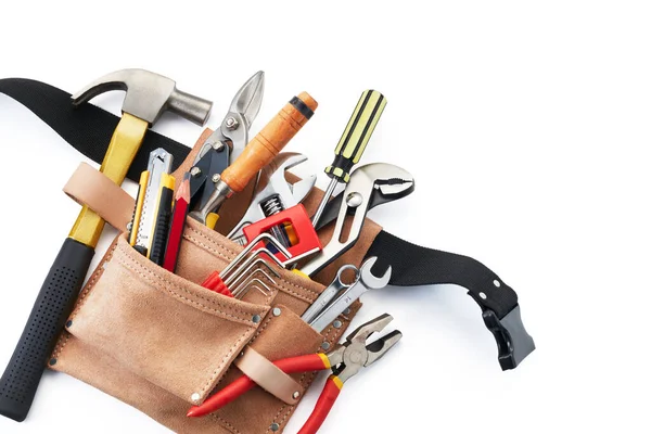 Werkzeuggurt Mit Werkzeugen Auf Weißem Hintergrund Von Oben — Stockfoto