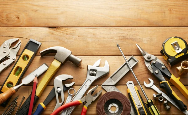 Vielfalt Werkzeugen Auf Holzplanken Mit Kopierraum — Stockfoto