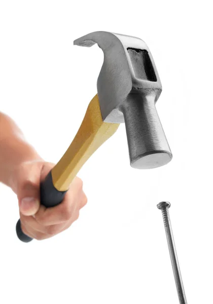 Hand Holding Hammer Hitting Nail White Background — Stock Photo, Image