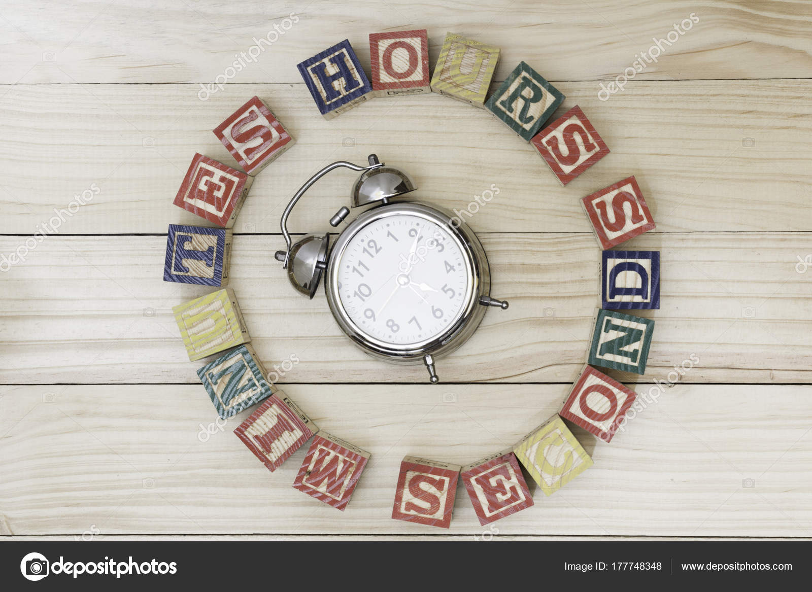 Clock Wood Cubes Wooden Table Words Hours Minutes Seconds Stock