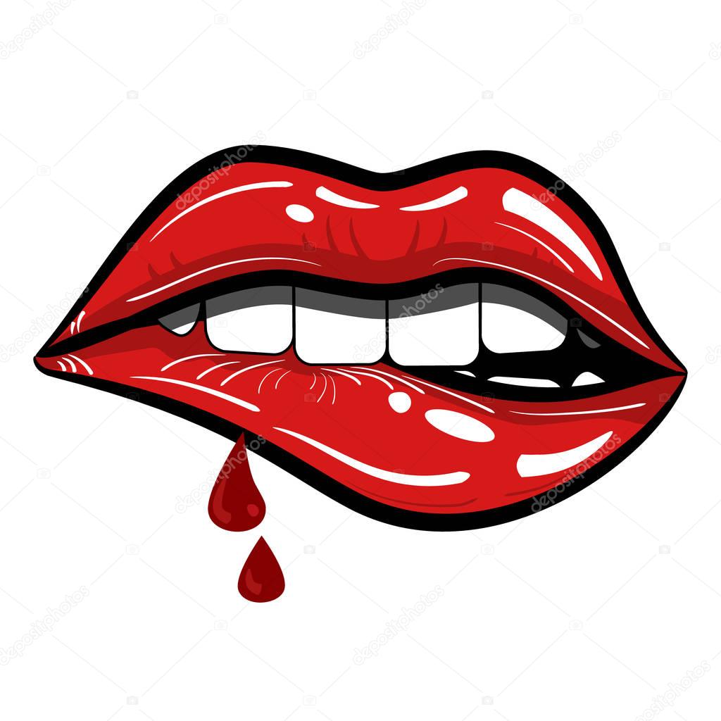 Lips Biting with Drops of Blood