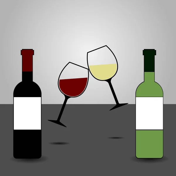 Rode en witte wijn flessen en twee brillen rammelende Vector - Cheers! — Stockvector