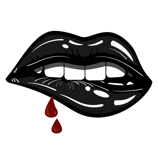 Sexy schwarze Lippen leidenschaftlich mit Blut beißen - böse, Verführung — Stockvektor