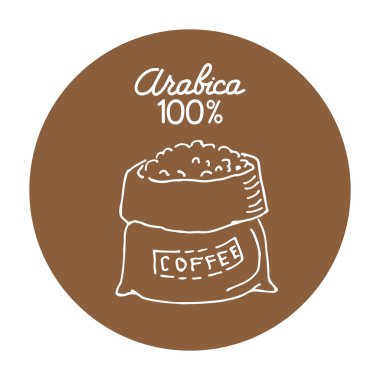 Çuval bezi çanta beyaz arka plan üzerinde izole kahve çekirdekleri ile. Tasarım öğeleri kahve dükkanı veya kafe için. Vektör çizim.