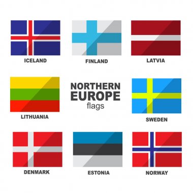 Beyaz arka plan üzerinde izole İskandinav bayrakları kümesi. Finlandiya, İzlanda, Grönland, Norveç, Aland Adaları, Faroe Adaları, İsveç ve Danimarka Ulusal sembolleri. Vektör düz tasarım koleksiyonu.