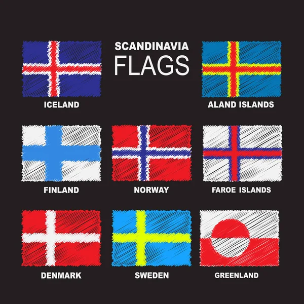 在黑色背景上隔离的斯堪的纳维亚国旗集 格陵兰 奥兰群岛 法罗群岛 瑞典和丹麦国家标志 矢量集合 — 图库矢量图片