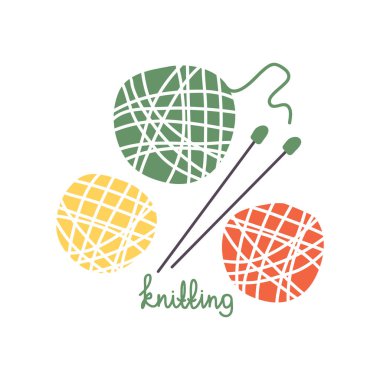 Renkli yün ve iğne topları örüyorlar. Vektör çizimi. Kart, pankart, broşür, poster için düz tasarım ögesi.