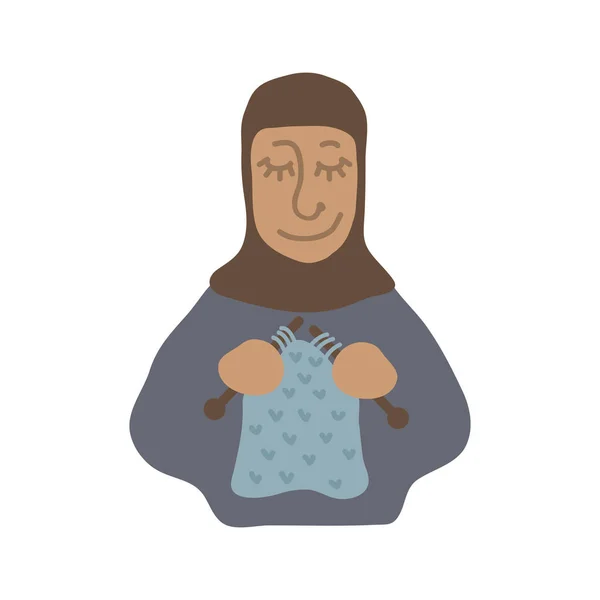 Heureuse Femme Musulmane Tricotant Une Écharpe Illustration Vectorielle Elément Design — Image vectorielle